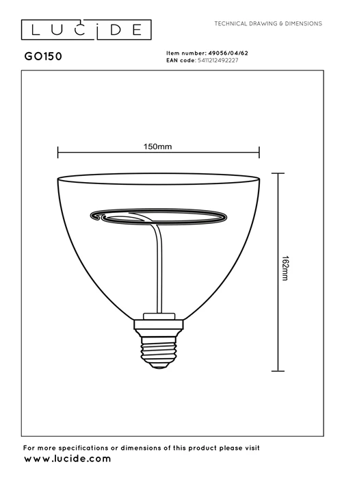 Lucide GO150 - Glühfadenlampe - Ø 15 cm - LED Dim. - E27 - 1x4W 2200K - Amber - technisch